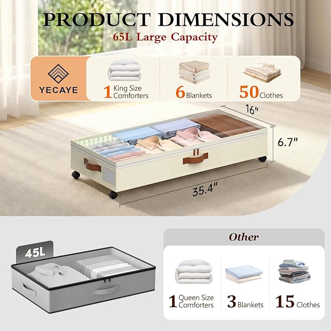 Yecaye Under Bed Storage with Wheels, 65L Under Bed Storage Containers with Adjustable Dividers & Clear Lid, Rolling Underbed
