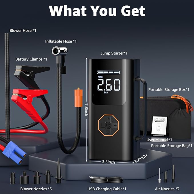 Portable Jump Starter with Air Compressor - 12V Car Battery Jumper Starter Box 5500A (All Gas/12L Diesel) 9-in-1 with Air