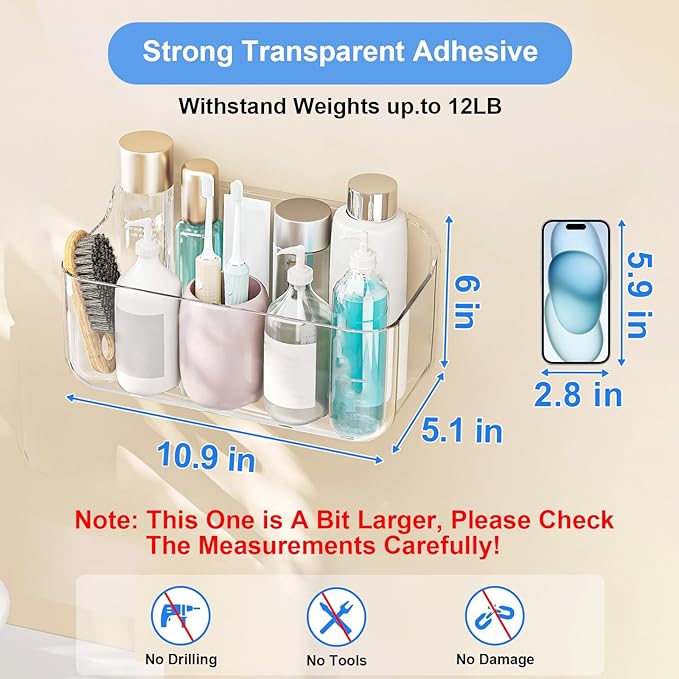 Diesisa Acrylic Wall Mount Organizer - 5.1" D x 10.9" W x 6" H, Large Size Adhesive Wall Self - Shower Caddies Organizer - Ba