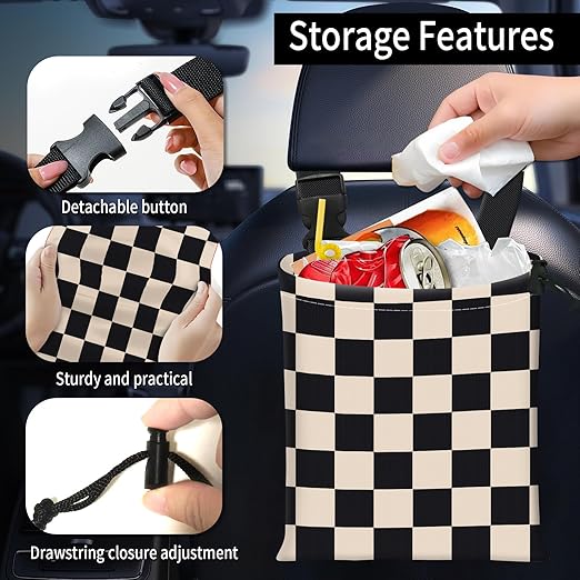 Car Trash Bag Large Hanging Can for Back of Seat, Cute Waterproof Car Garbage Bag for Vehicle, Travelling, Outdoor Cute Black Beige Plaid