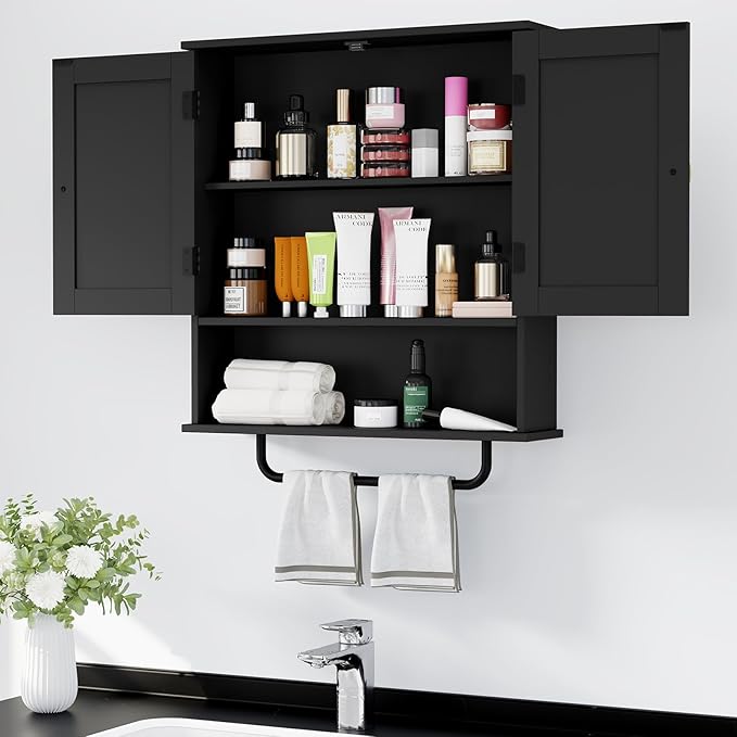 RRX Bathroom Cabinet Wall Mounted Medicine Cabinets with Towels Bar, Over The Toilet Storage Cabinet with 2 Doors and Adjusta