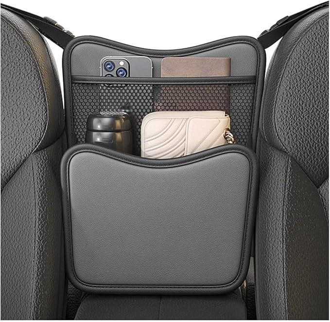 Car Organizer Storage Between Seats, Leather Large Capacity Automobile Handbag Hanging Store Content Bag, Auto Console Organizer Holder for Snack Phone Document Storages, Car Accessories (Gray)