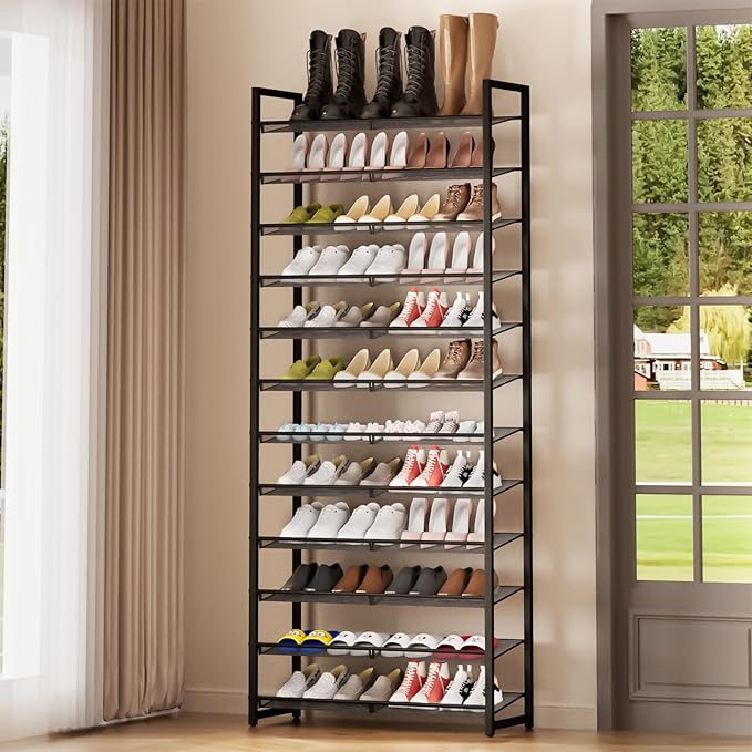 Shoe Rack, 12-Tier Metal Shoe Organizer, Tall Shoe Rack for Closet,entryway,Garage, with Adjustable Flat or Angled Shelves, 5