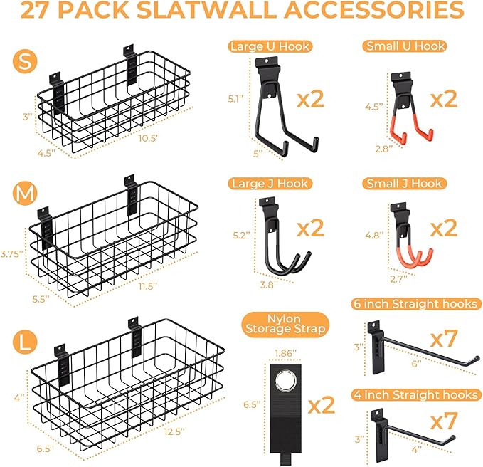 INCLY 27PCS Slatwall Accessories Kit, Includes 3 Pack Ventilated Metal Wire Slat Wall Baskets, Multisized Heavy Duty Slatwall