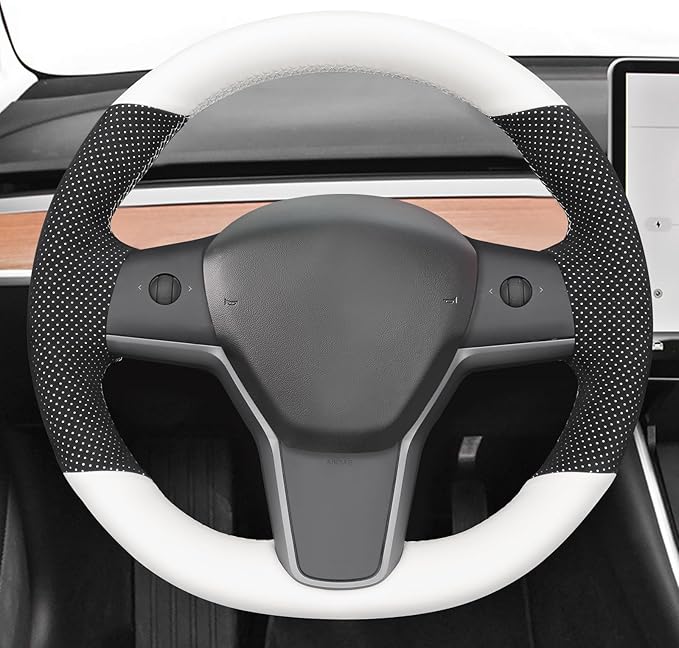 MEWANT Hand Stitched White Leather Tesla Model 3 Steering Wheel Cover for Tesla Model 3 2017-2023 / Model Y 2020-2023 for Tesla Model 3/Y Accessories