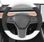 MEWANT Hand Stitched White Leather Tesla Model 3 Steering Wheel Cover for Tesla Model 3 2017-2023 / Model Y 2020-2023 for Tesla Model 3/Y Accessories