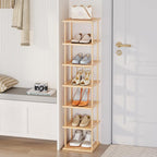 Vertical Tall Shoe Rack For Entryway - Tall 7 Tier Free Standing Slim Narrow Bamboo Wood Shoe Boots Storage Shelf Small Space