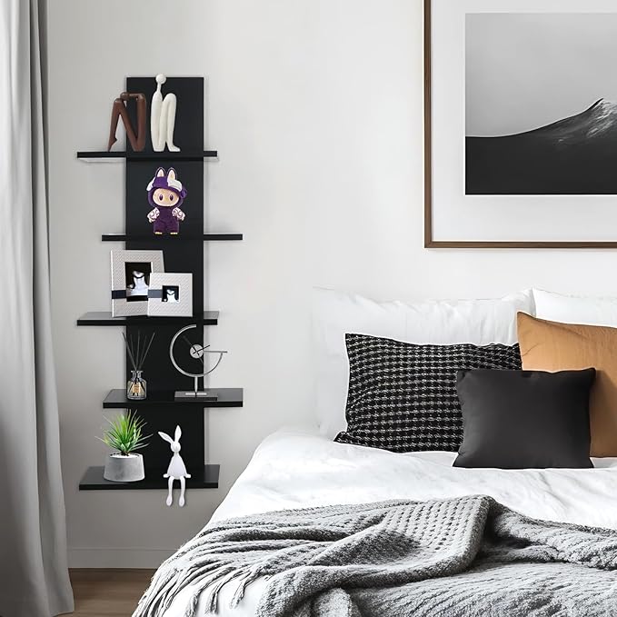 5 Tier Wall Shelf Unit-Black Floating Shelves for Home Decor, Modern Unique Asymmetric Design for Bedroom & Living Room Stora
