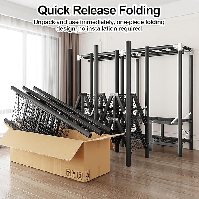 Portable Foldable Wardrobe Closet with Door - Metal Clothing Rack for Hanging Clothes, Space-Saving Coat Storage for Bedroom 