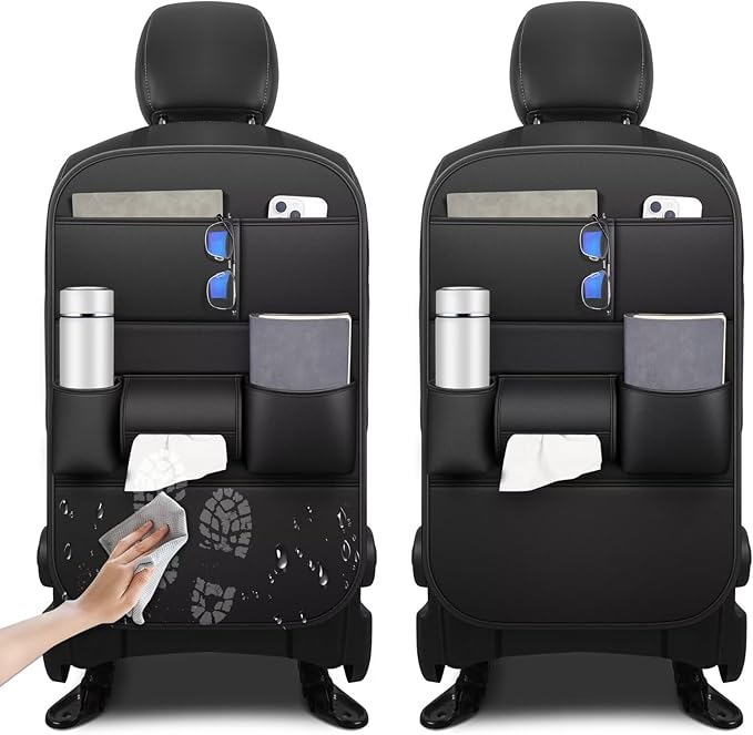 Back Seat Protector 2 Pack Fit For Nissan Rogue Car Kick Mats with Cup & Tissue Storage Organizer Pockets Waterproof Dirt Proof Faux Leather Auto Accessories For Kids(1 Pair Black)