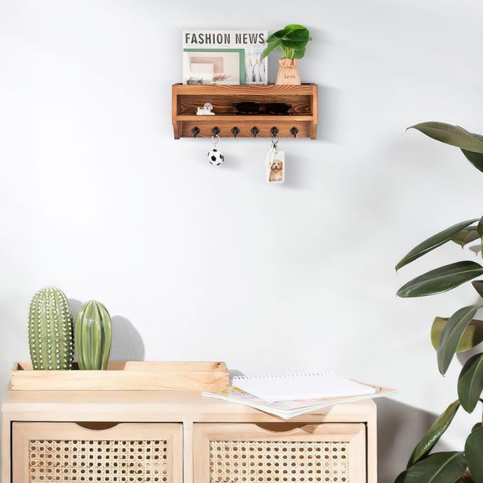 Nekon Key Holder Wall Mount, 12.8" W x 5.6" H x 3.7" D Wall Mounted Key and Mail Organizer with 6 Key Hooks, Key Racks for Ho