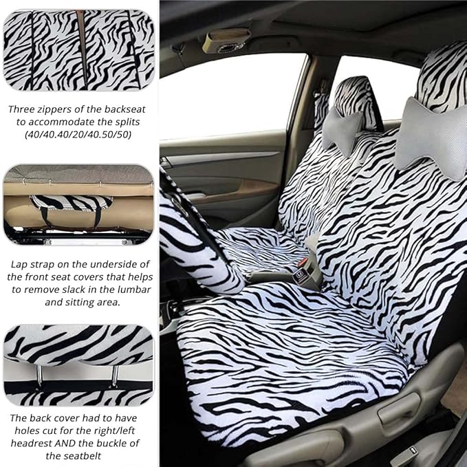 AUTOFAN Zebra Car Seat Covers for Full Set with 2 Seat Belt Pads & Universal 15 Inch Steering Wheel Cover Fit for Cars, Truck