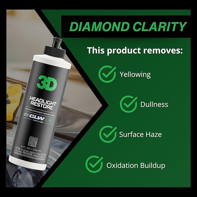 3D GLW Series Headlight Restore – 2-Step Kit Removes Oxidation, Scratches & Yellowing | UV Protection for Clear Headlights & 