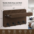 Nekon Key Holder Wall Mount, 8.5 Inch Small Home Decor Wooden Wall Organizer with 4 Hooks and Shelf, Key and Mail Holder for 