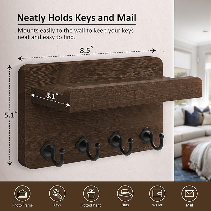 Nekon Key Holder Wall Mount, 8.5 Inch Small Home Decor Wooden Wall Organizer with 4 Hooks and Shelf, Key and Mail Holder for 