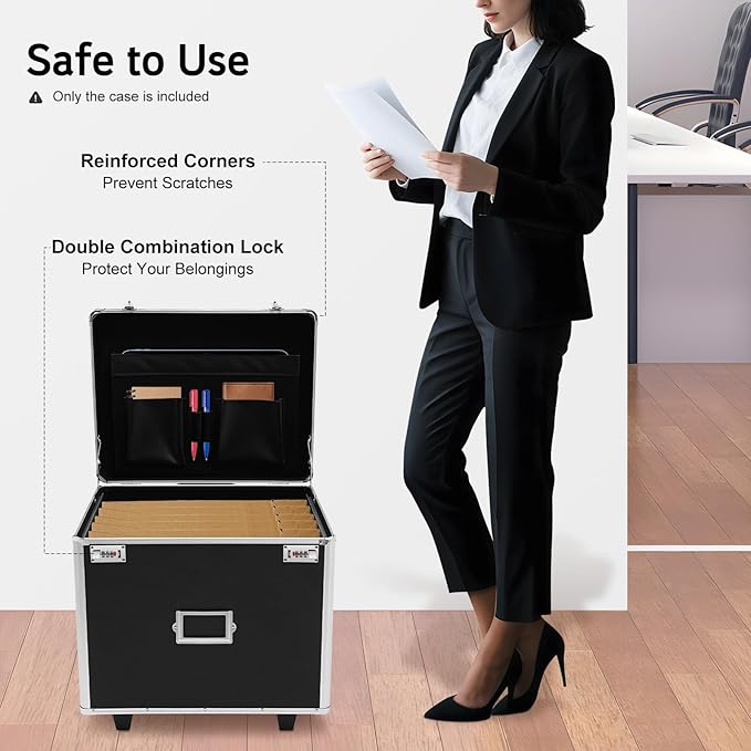 Locking File Storage Box with Telescopic Handle & Wheels - Aluminum Alloy Portable Document Case, Dual Password Security for 
