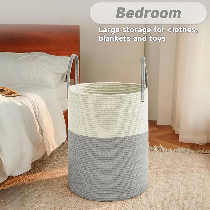 JMvicyroam Large Woven Laundry Basket Hamper,100L Cotton Rope Storage Bin for Blankets,Toys and Clothes,Decorative Tall Nurse