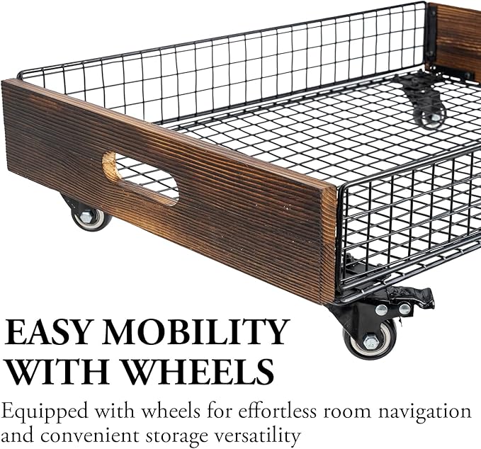 MyGift 24" Under Bed Storage Drawer Cart – Rolling Underbed Organizer Bin with Metal Wire Basket, Rustic Burnt Wood Sides, Ma