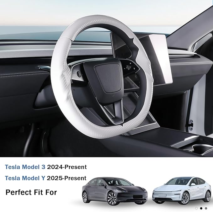 Steering Wheel Cover for Tesla Model 3 2024-Present Highland/Tesla Model Y Juniper 2025-Present, Carbon Fiber Steering Wheel Cover for Tesla Model 3 Highland/Y Juniper Accessories, Matte White