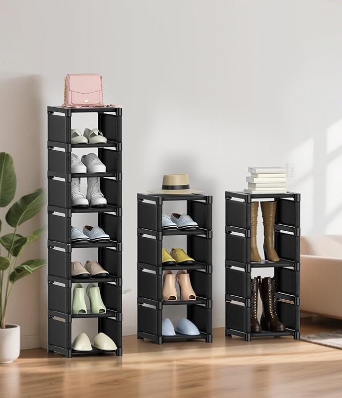 Narrow Shoe Rack 8 Tier, Slim Vertical Shoe Organizer for Small Spaces, Stackable Shoe Storage Shelf with Metal Frame & Fabri