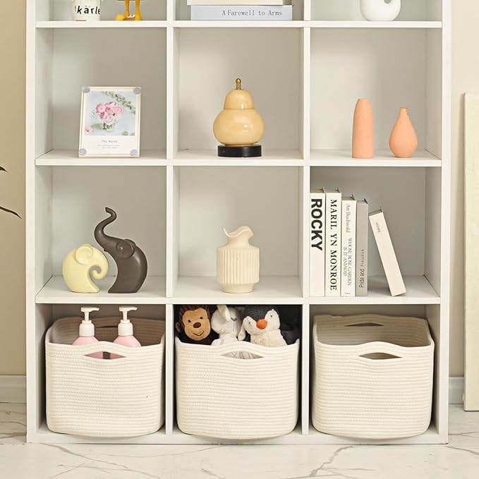 ICERZCZ Large Storage Baskets for Organizing Shelves, Woven Cotton Rope Bins for Baby Nursery Organization, Book Toy Towel Or