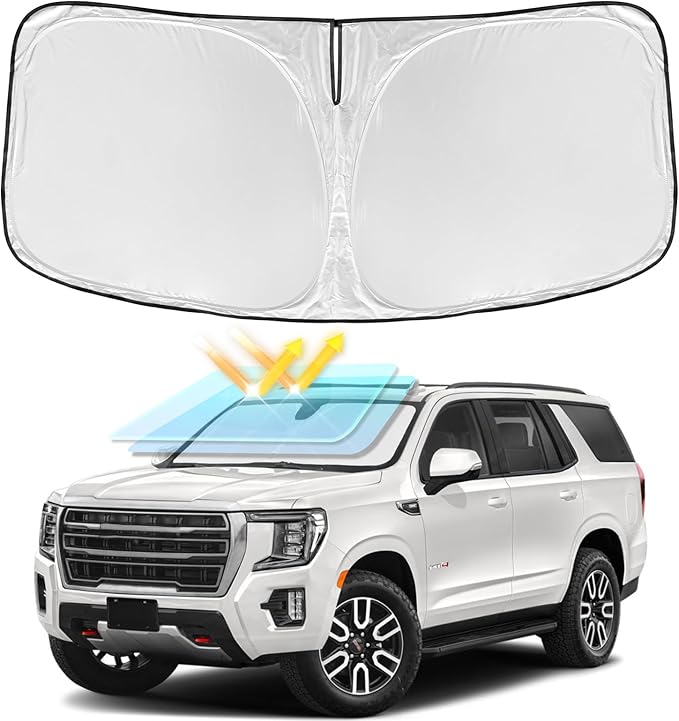 for GMC Yukon/Yukon XL 2021-2025 2026 Windshield Sun Shade - 4 Layers Car Sunshades for Front Windows Shade Cover Custom Fit Yukon Sun Visor 250T Retractable Shade Blocks UV Rays Car Accessories