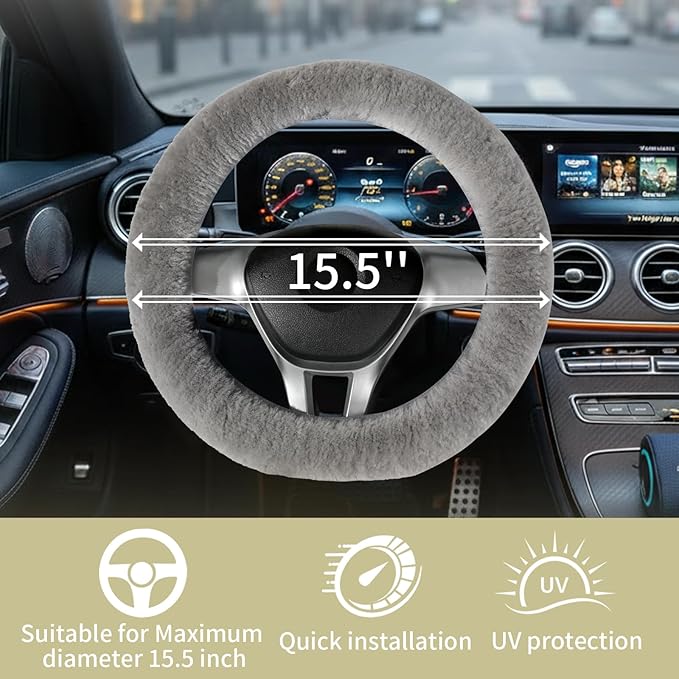 AEGIS Cover Sheepskin Steering Wheel Cover Premium Luxury AUS Genuine Merino Wool All-Season Non-Slip for Cars Fits 14.5-15.5" Wheels (Steel Grey)