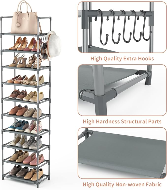 LANTEFUL 10 Tiers Tall Shoe Rack 20-25 Pairs Boots Organizer Storage Sturdy Narrow Shoe Shelf for Entryway, Closets with Hook