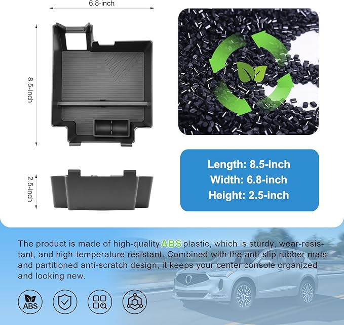 2025 2026 RDX Center Console Organizer for Acura RDX (Base/Technology/A-Spec/Advance/A-Spec Advance), Durable ABS Plastic&Anti-Slip Rubber Armrest Tray Insert 2026 RDX Accessories