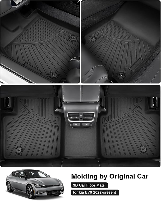 Powerty Floor Mats for 2022-2025 2026 Kia EV6 Accessories All Weather Floor Liner 3D TPE 1st & 2nd Row Floor Mat Heavy-Duty Floor Liners