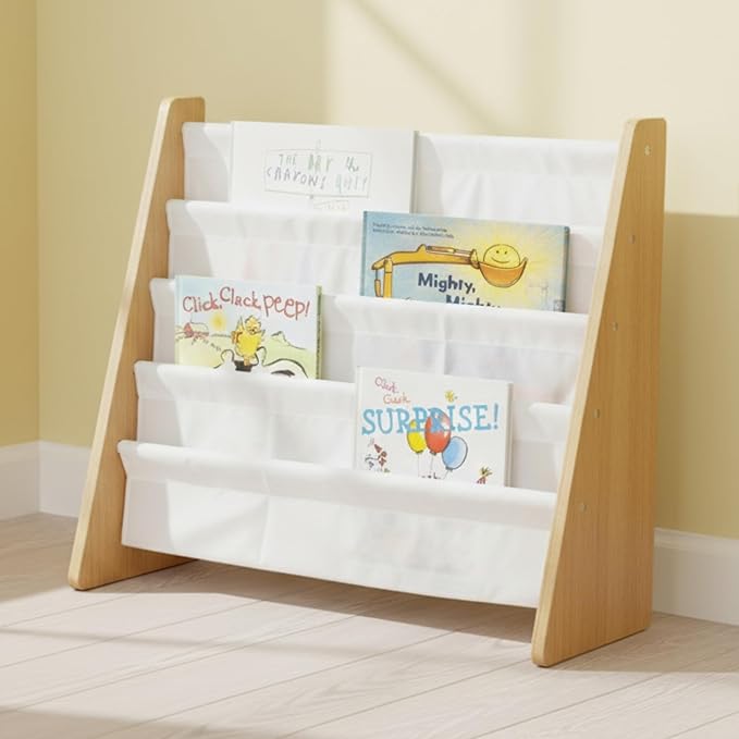 Humble Crew 4-Tier Kids Bookshelf, Natural Wood/White - Premium Book Shelf for Kids Rooms with Four Deep Pockets - Toddler Sl
