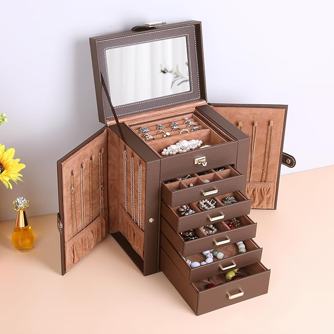 Kendal Jewelry Box, 6-Layer Jewelry Storage Organizer for Necklace Bracelet Rings Watch, 10.2"x8.2"x6" Classic Brown PU Leath