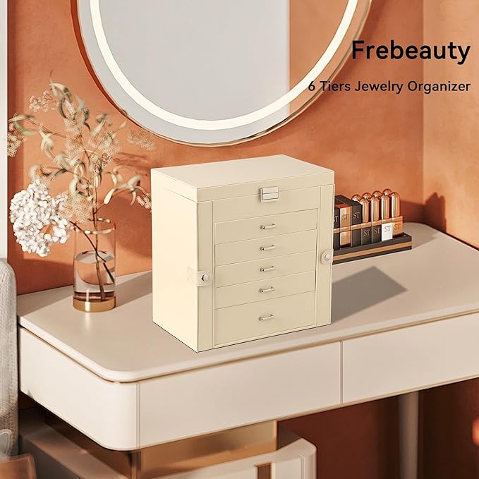 Frebeauty Large Jewelry Box,6-Tier PU Leather Jewelry Organizer,Multi-functional Storage Case with Mirror,Accessories Holder 
