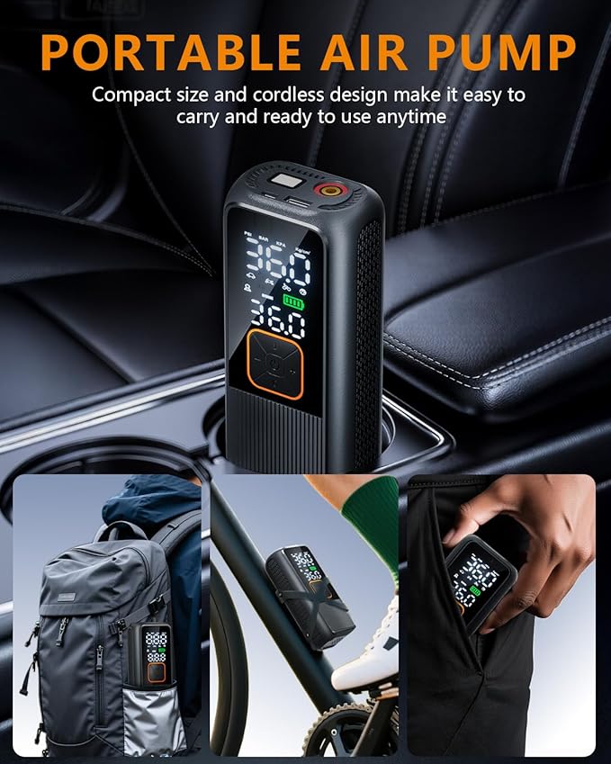 Tire Inflator Portable Air Compressor, 150 PSI Rechargeable Air Pump with Digital Pressure Gauge and LED Light, Smart Auto-Off Tire Pump for Car, Motorcycle, Bike, Ball