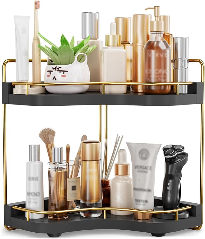 2-Tier Corner Bathroom Counter Organizer with Embedded Screw Holes, Secure & Stable Wood Vanity Shelf for Makeup and Skincare
