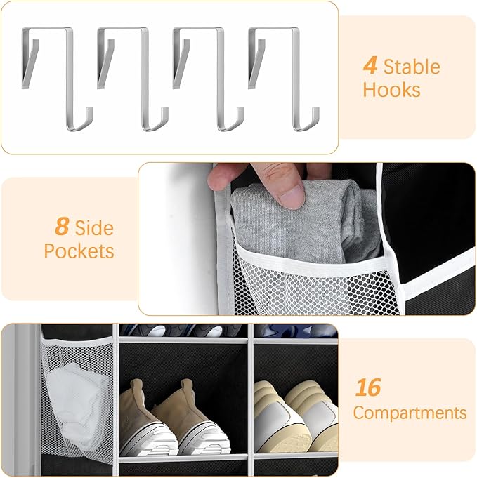 Yecaye 8 Tier Over the Door Shoe Organizer of Deep 16 Compartments, 50lbs Load Shoe Rack for Door in Oxford Holds 16-24 Pairs
