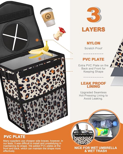 Car Trash Can with Lid, Cute Leakproof Car Trash Garbage Bag Hanging Vehicle Trash Bin Small Portable Automotive Garbage Cans Organizer for Back/Front Seat(Trapezoid,Leopard