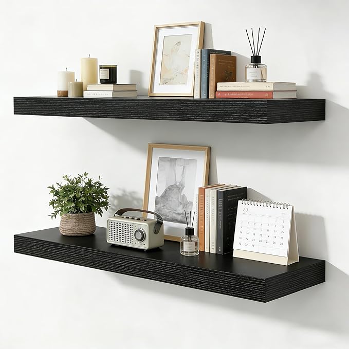 35.8 inch Black Floating Shelves Set of 2, Solid Wood Wall Mounted Shelves, Heavy Duty Display Storage Shelves for Bedroom, L
