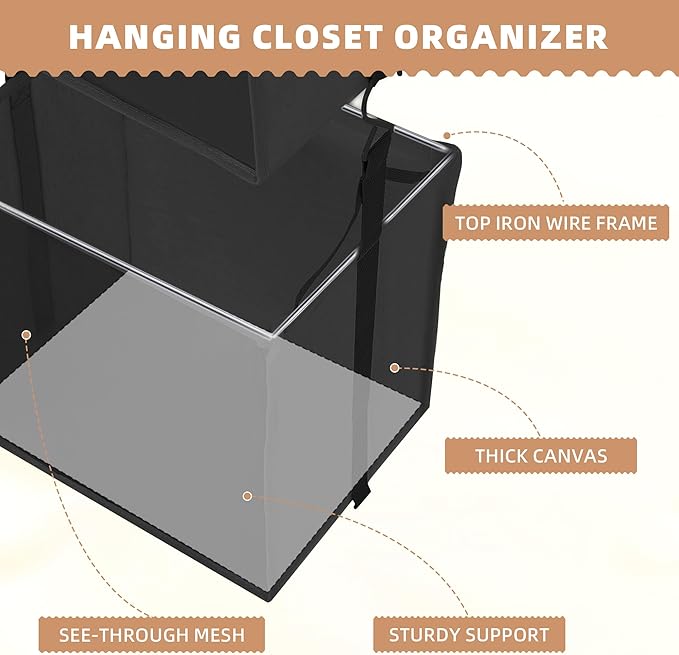 STORAGE MANIAC 2-Shelf Hanging Closet Organizer, Cloth Hanging Closet Shelf, Hanging Closets Baskets with Hooks for Dorm, Apt