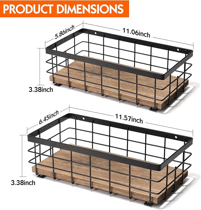 TJ.MOREE Small Metal Wire Basket, Decorative Wood Base Organizer for Bathroom, Kitchen, Basket for Toilet Paper Storage, Suga