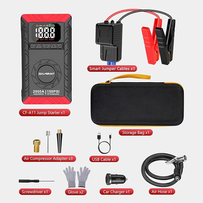 SEAMOUNT 2000A Jump Starter with Air Compressor Combo, Portable Car Battery Booster Pack for 6L Gas / 3L Diesel,
