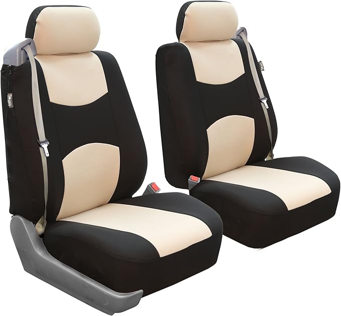 FH Group Car Seat Covers All-Purpose Built-in Seatbelt Front Set - Universal Fit for Cars, Trucks & SUVs (Beige/Black) FB3511