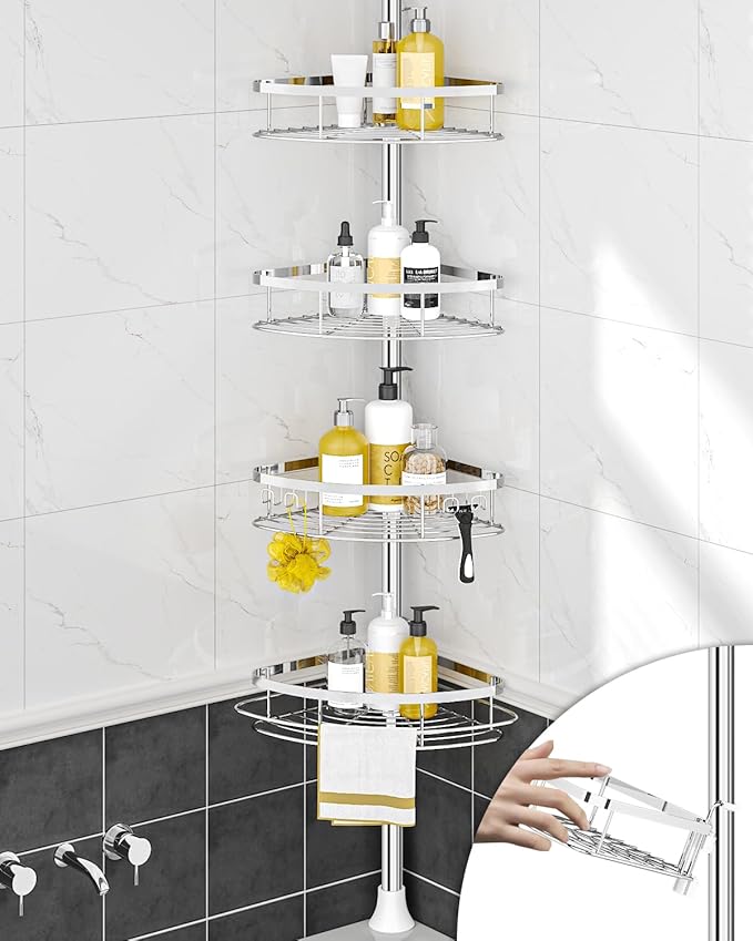 SEIRIONE Rustproof Shower Corner Caddy Organizer for Bathroom, 4 Adjustable Shelves with Tension Pole, for Bathtub Shampoo Ac