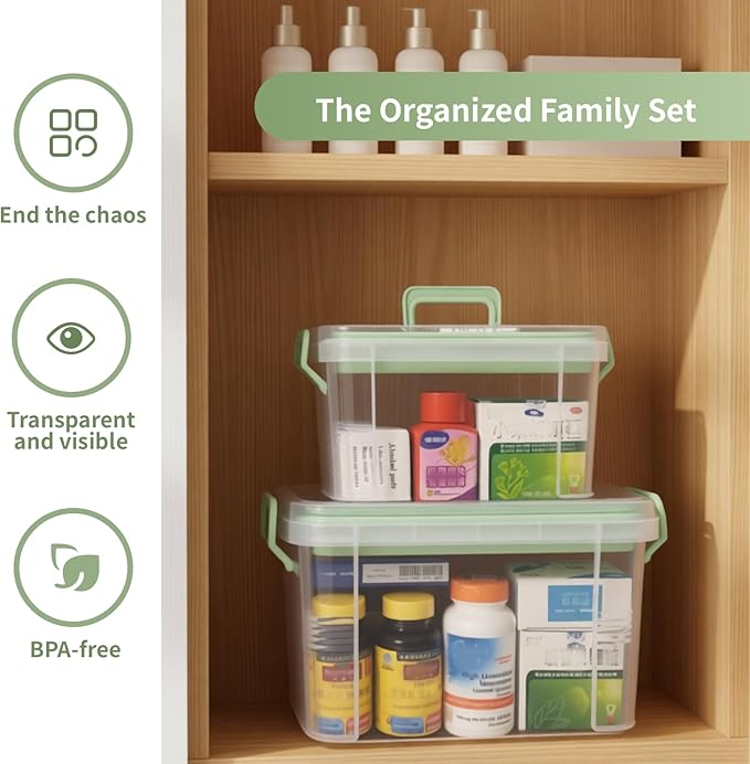 2 Pack Clear Medicine Organizer Storage Box with Tray, Portable Medicine Cabinet with Handle, Plastic First Aid box Empty wit