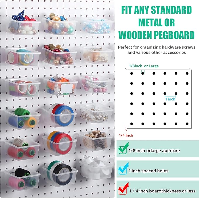 Unittype 24 Set Clear Peg Board Baskets and Bins Pegboard Baskets Organizer Accessories Peg Board Bins with Hooks Sticker Lab