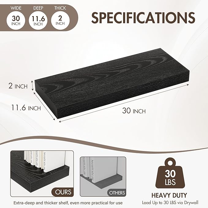 30 Inch Floating Shelves, 12" Deep Floating Shelf Wall Mounted, 30" Wall Shelves, Rustic Deep Bookshelf, Extra Deeper & Thick