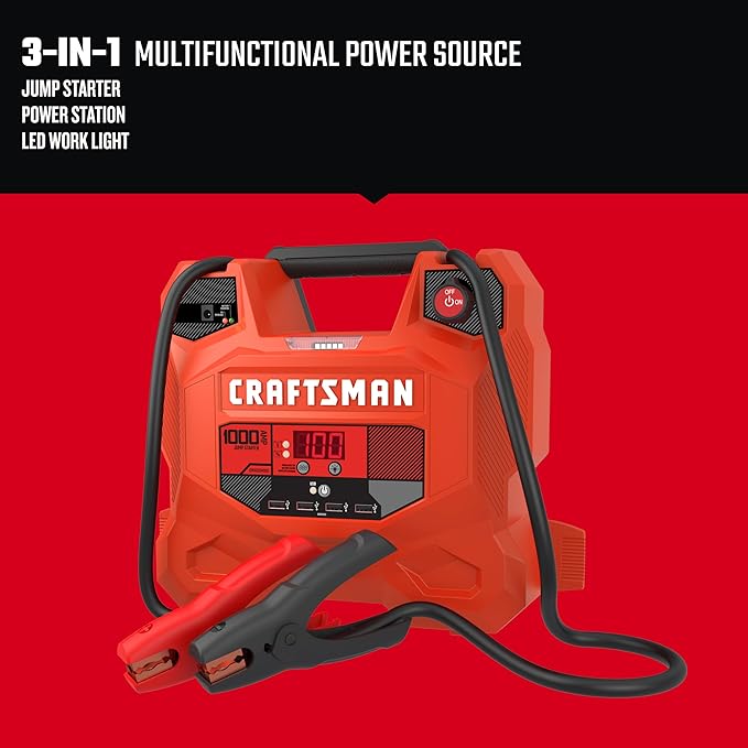 CRAFTSMAN 1000A Car Battery Jump Starter and Portable Power Station, 3-in-1 Solution, 12V DC and 2.4A USB Charging, for 12V