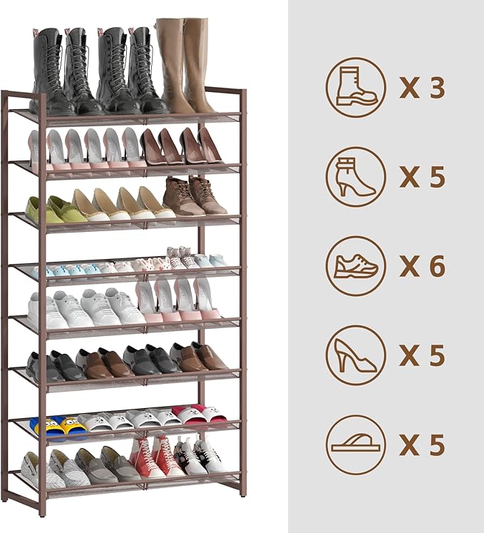 8Tier Metal Tall Shoe Rack,Large Shoe Rack for Closet,entryway,Garage, with Adjustable Flat or Angled Shelves, Hold 32-40 Pai