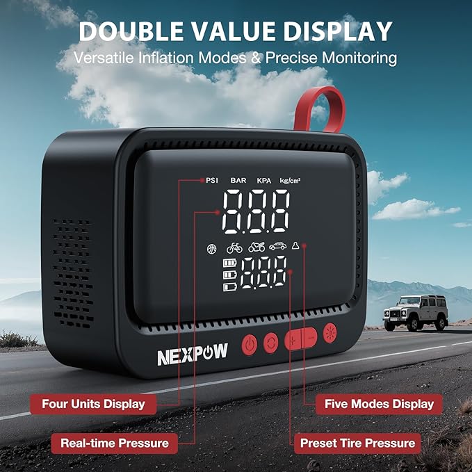 NEXPOW Tire Inflator Portable Air Compressor - Air Pump for Car Tires with 12V DC Power Adapter, 150PSI Electric Tire Pump for SUV, Motorcycle, Bicycle, Basketball, Fast Inflation with Auto Shut-Off