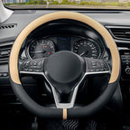 SEG Direct Flat Bottom Steering Wheel Cover Breathable, D Shaped Car Wheel Cover 14 1/2-15 in. (37-39 cm), Black Beige Microf